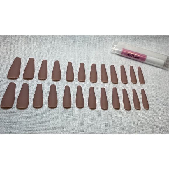 Taupe Press On Nails Set Matte Brown Long Coffin Shape with Glue 25 pc Fake Kit - Picture 3 of 4